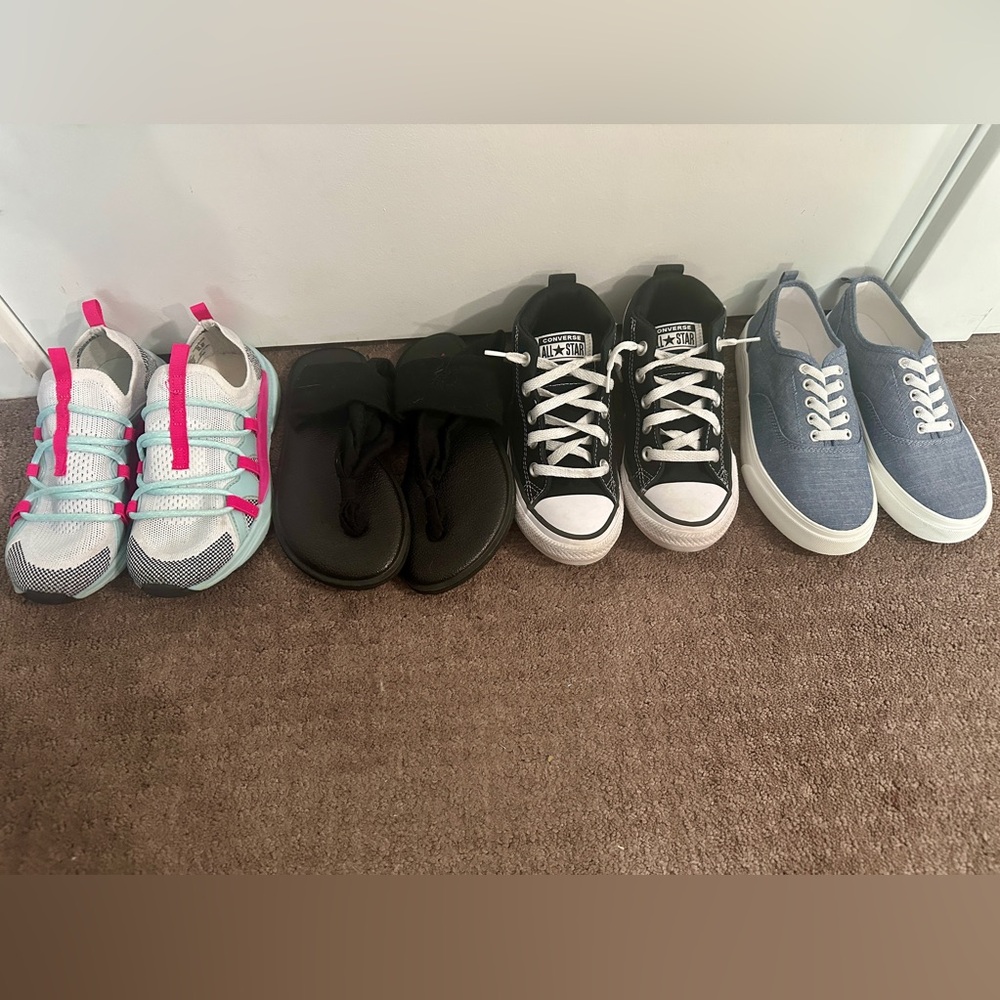 SOLD. Kids shoe bundle. Converse high top, sanuk yoga sling etc